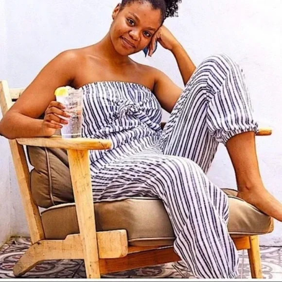 Aerie strapless jumpsuit blue white stripe bandeau jogger tie front jumpsuit - Picture 2 of 6